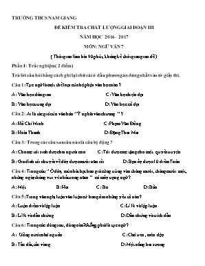 Đề kiểm tra chất lượng giai đoạn III môn Ngữ văn Lớp 7 - Năm học 2016-2017 - Trường THCS Nam Giang (Có đáp án)